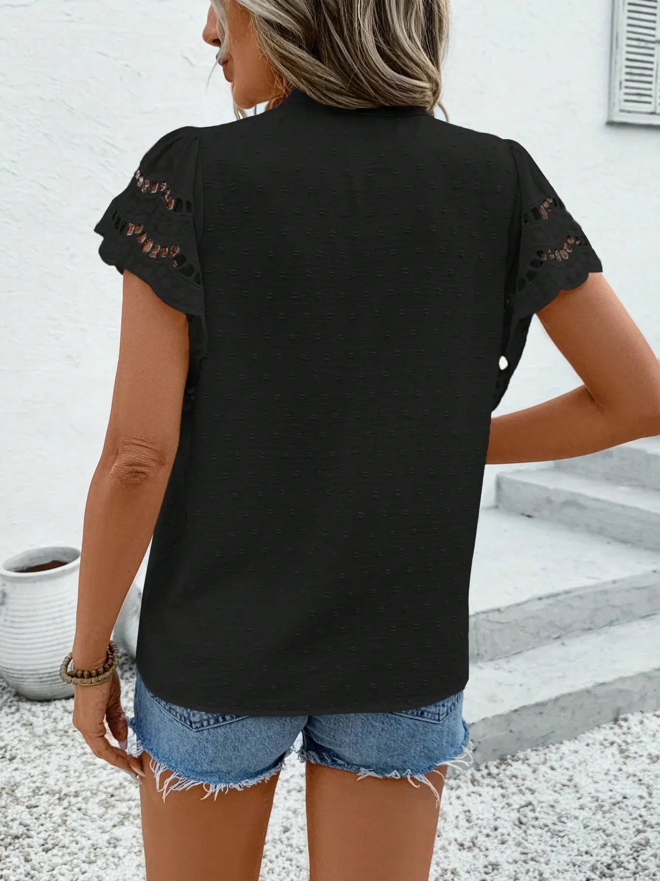 Swiss Dot Cutout Ruffle Blouse