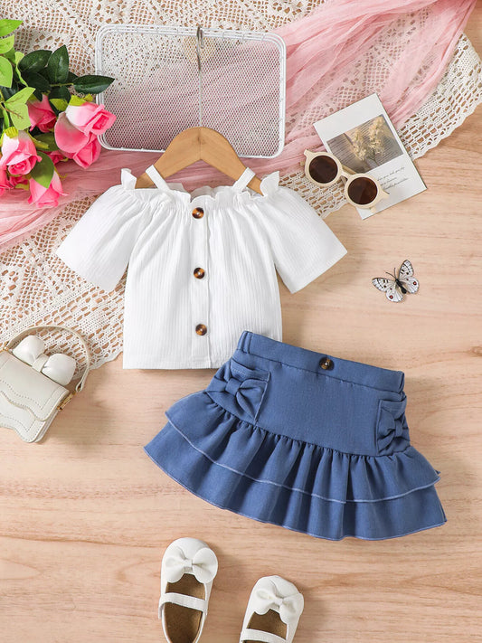 Cold-Shoulder Top and Ruffled Denim Skirt Set - Back View