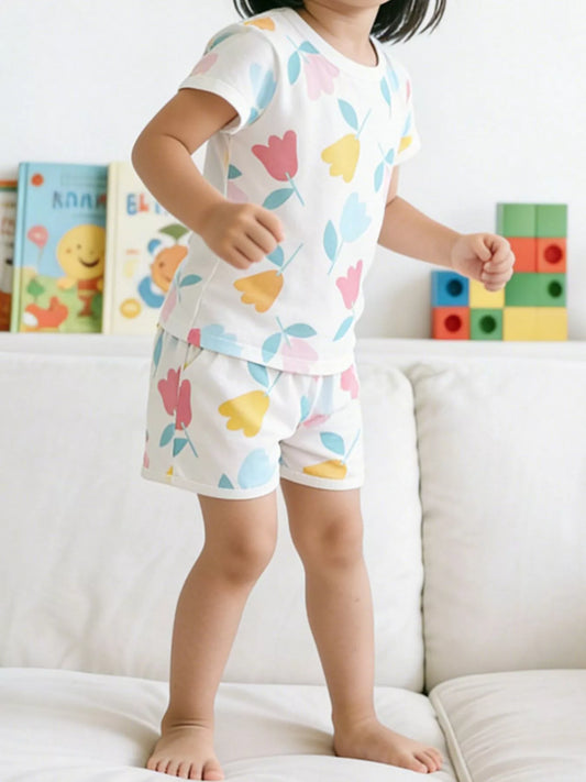 Tulip Print Tee and Shorts Set - Front View