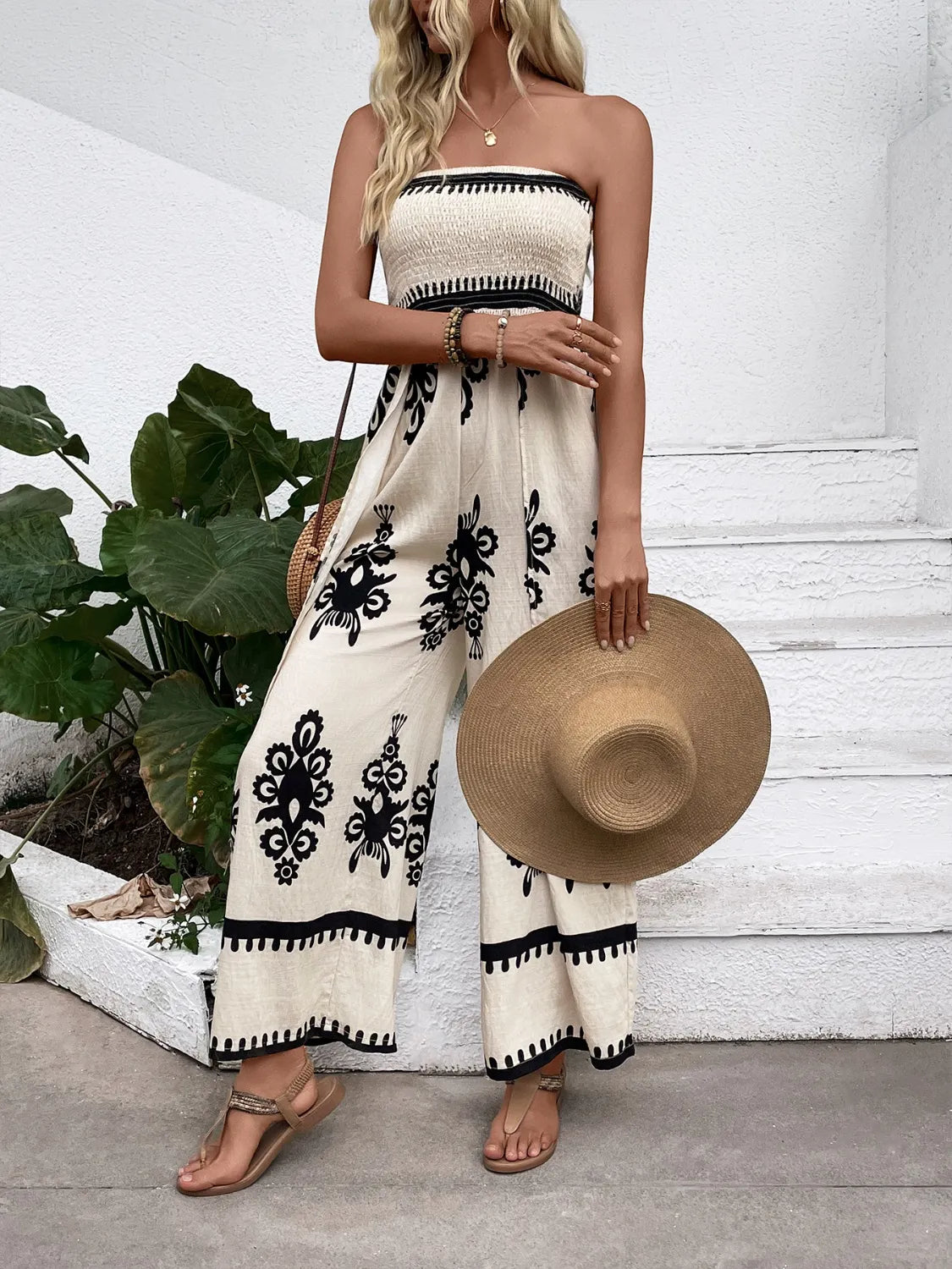 Smocked Printed Wide Leg Jumpsuit