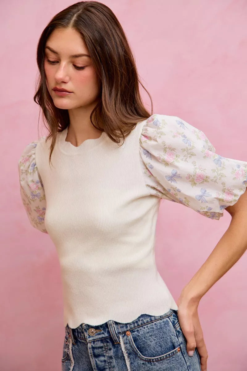 Floral Sleeve Scallop Sweater Top