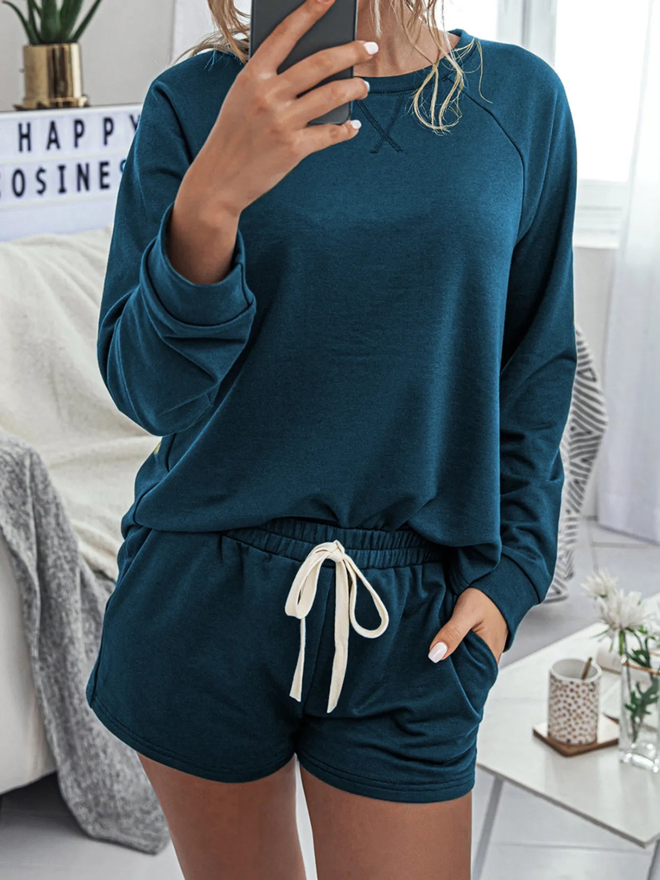 Raglan Long Sleeve Top and Shorts Lounge Set