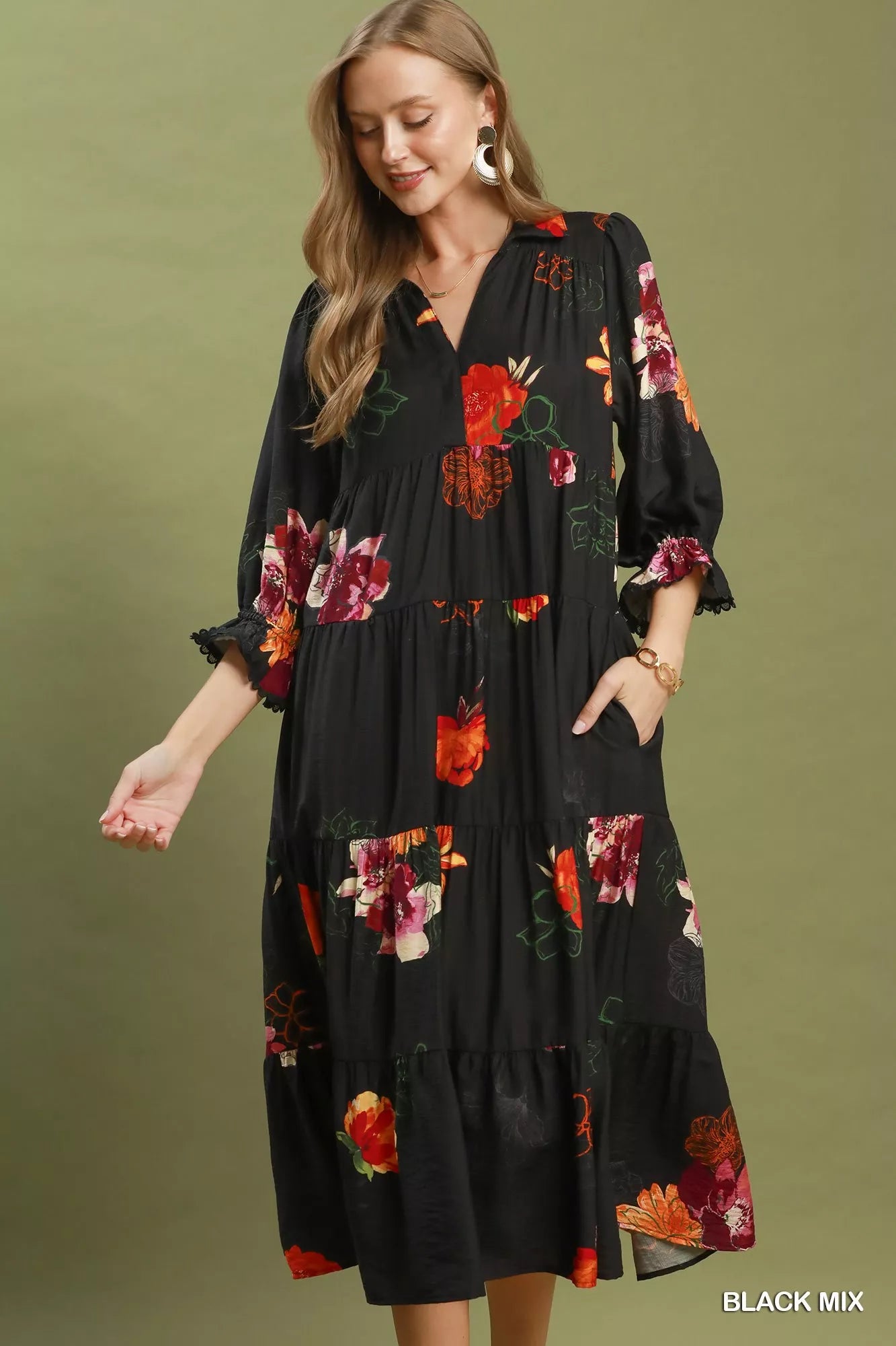 Black Floral Print Tiered Midi Dress