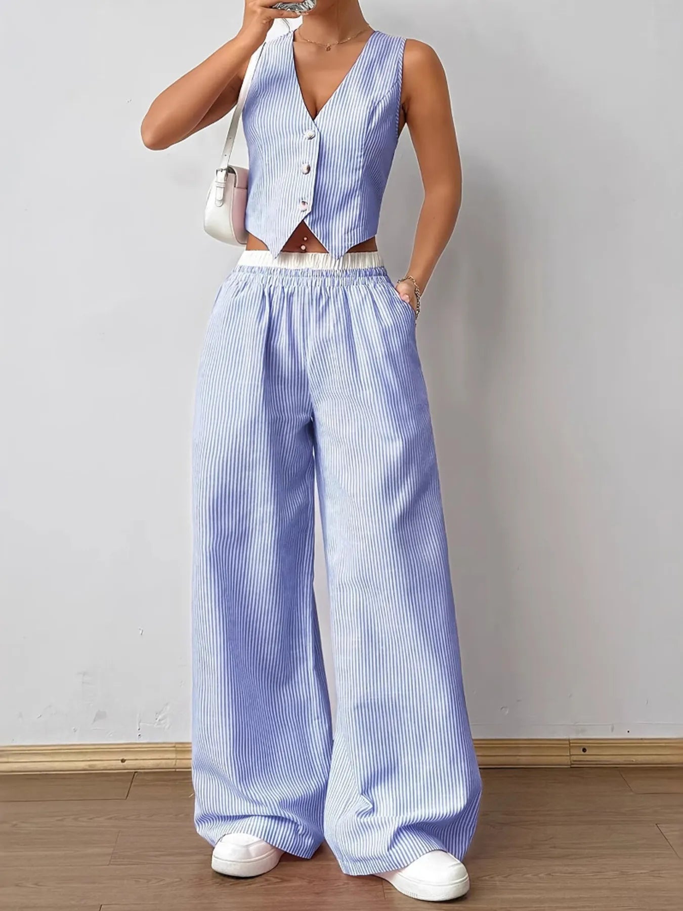 Striped Vest and Wide Leg Pants Set