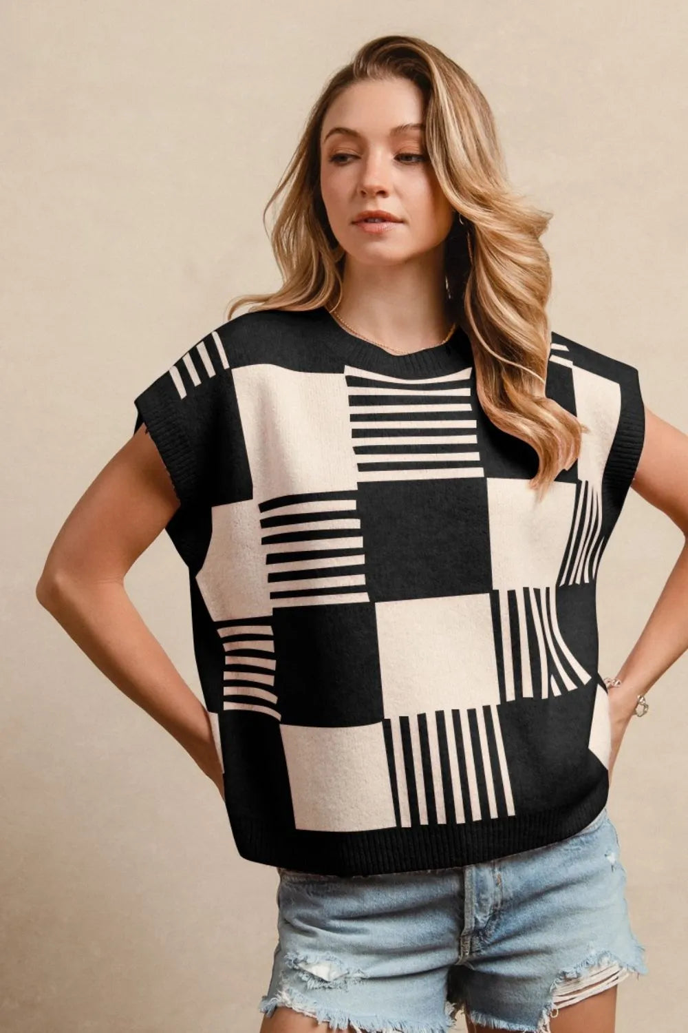 Checkered Stripe Sleeveless Sweater