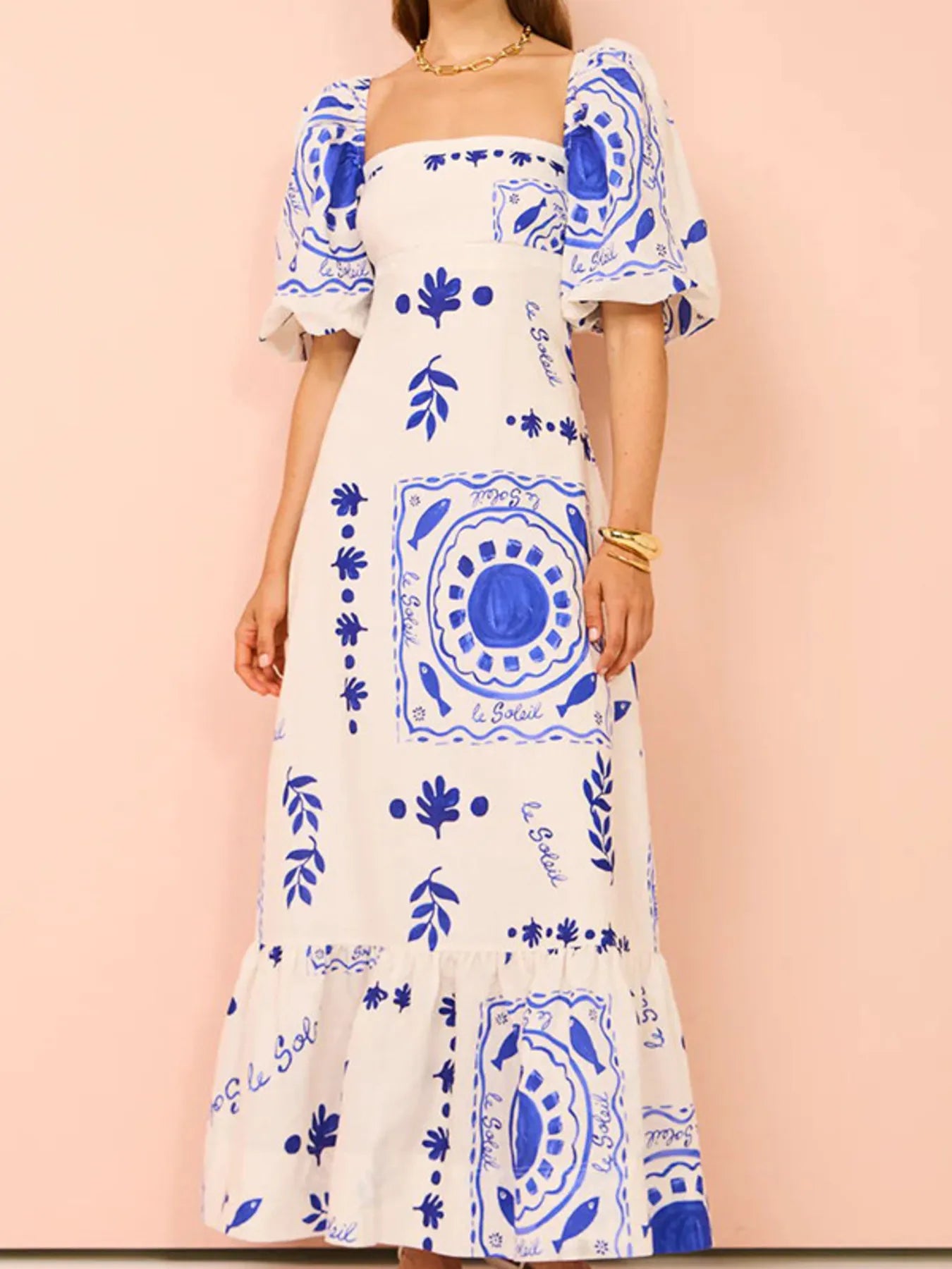 Floral Square Neck Puff Sleeve Maxi Dress