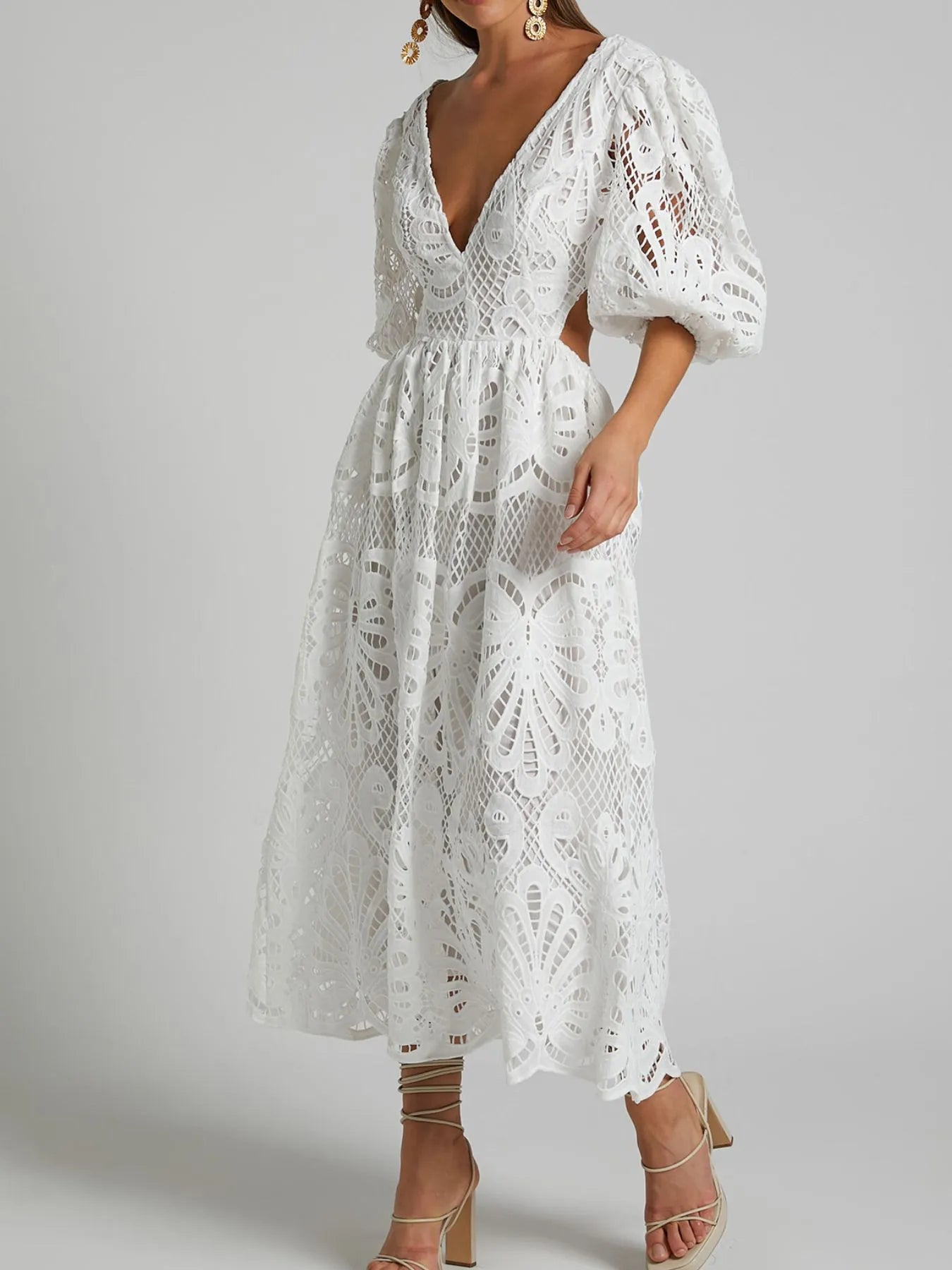 Cutout Back Lace Crochet V-Neck Dress - Detail View 12