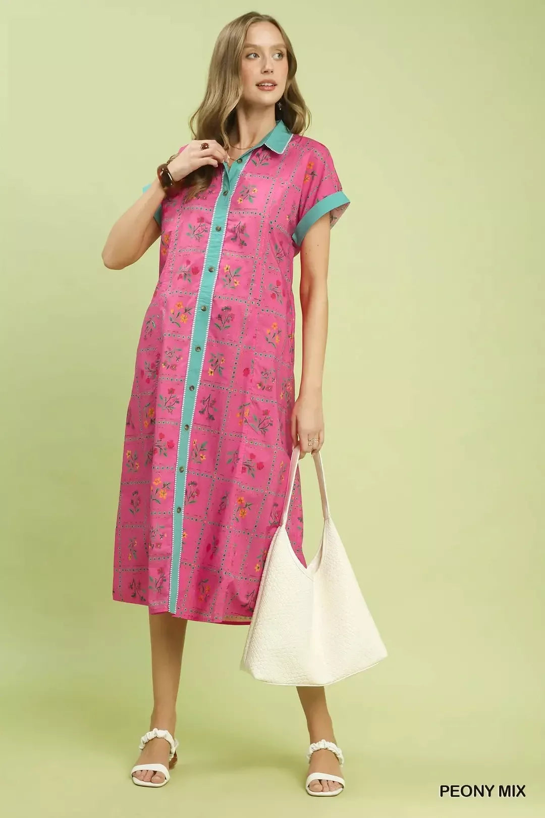 Mix Floral Button-Front Midi Dress
