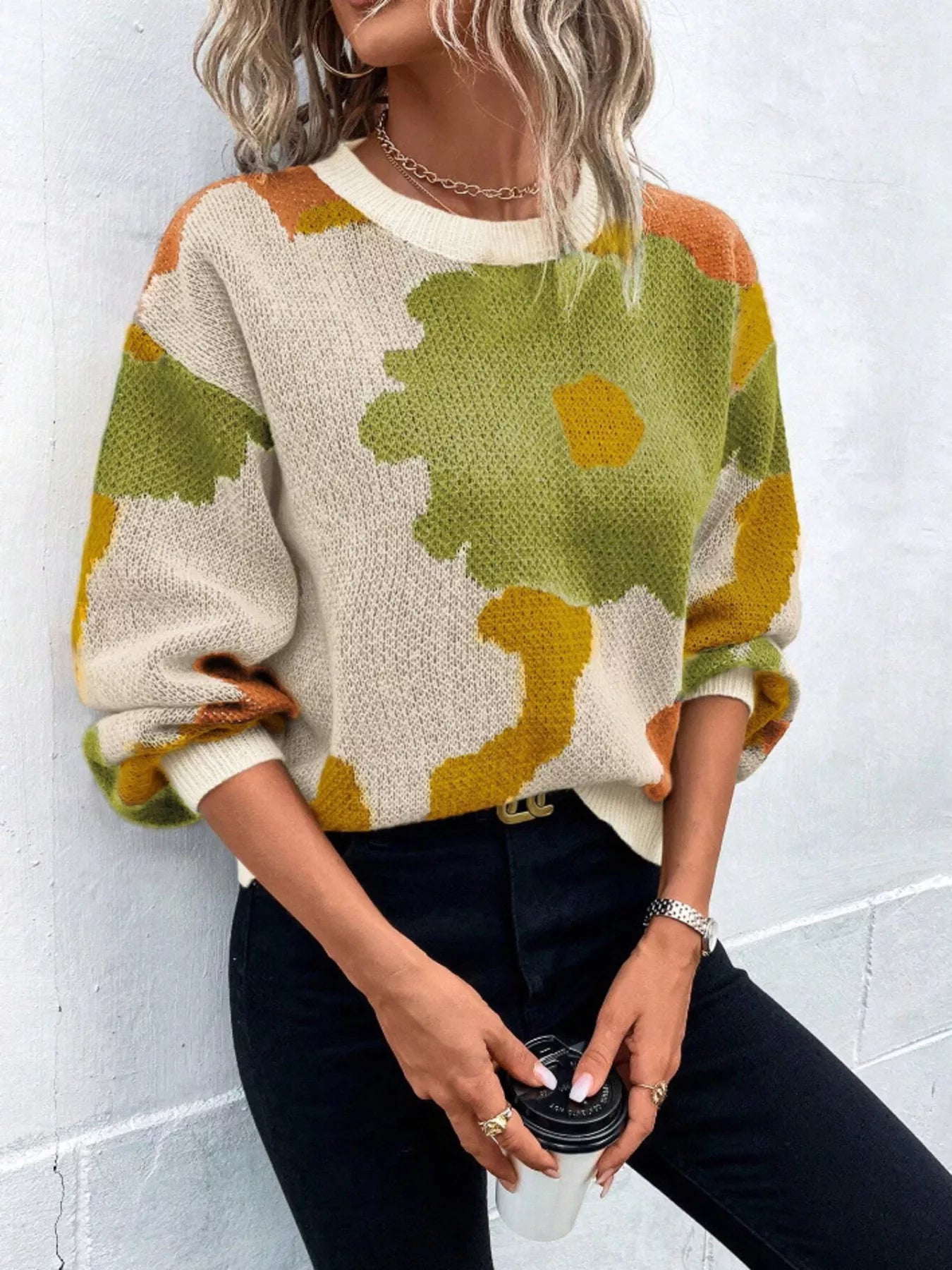 Floral Pattern Round Neck Sweater - Detail View 13