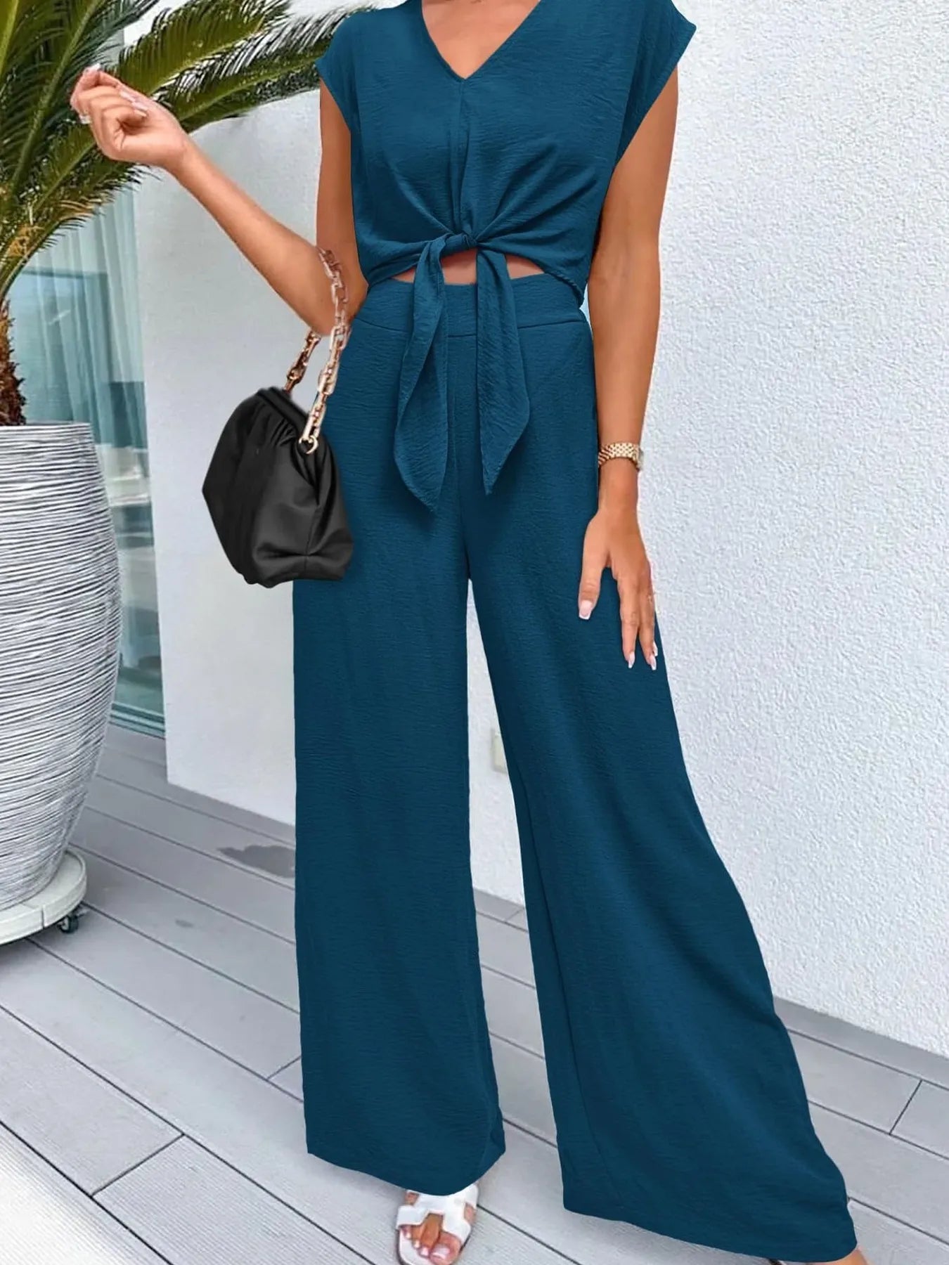 Casually Cool Tie Front Top and Wide Leg Pants Set