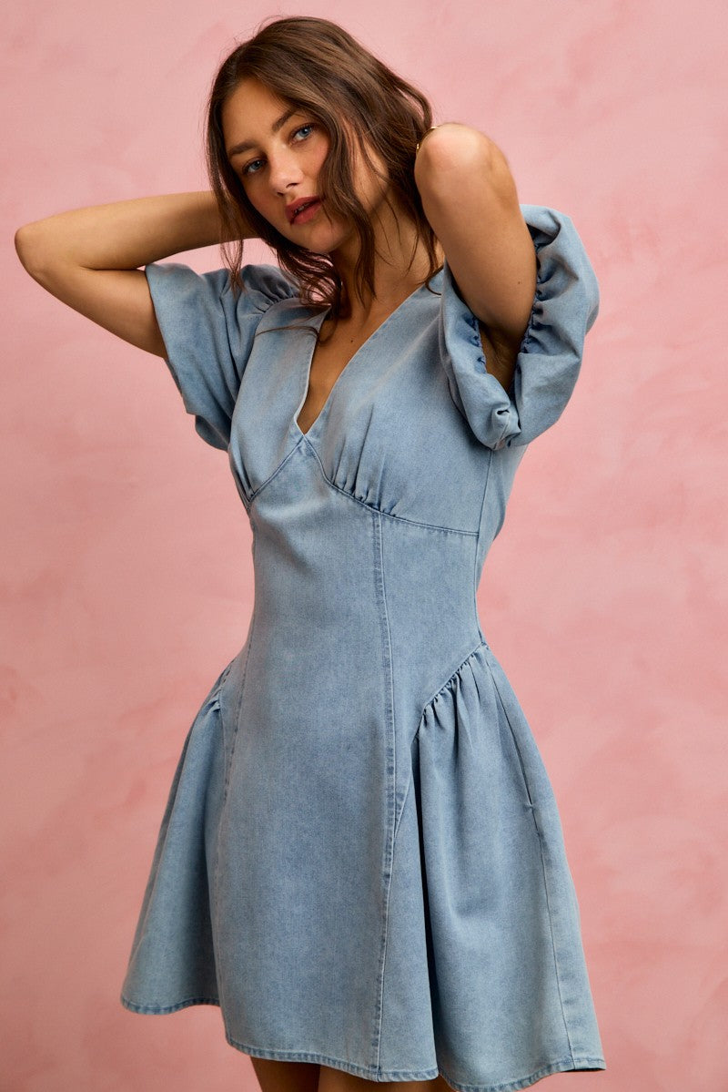 Puff Sleeves Fit-and-Flare Denim Mini Dress