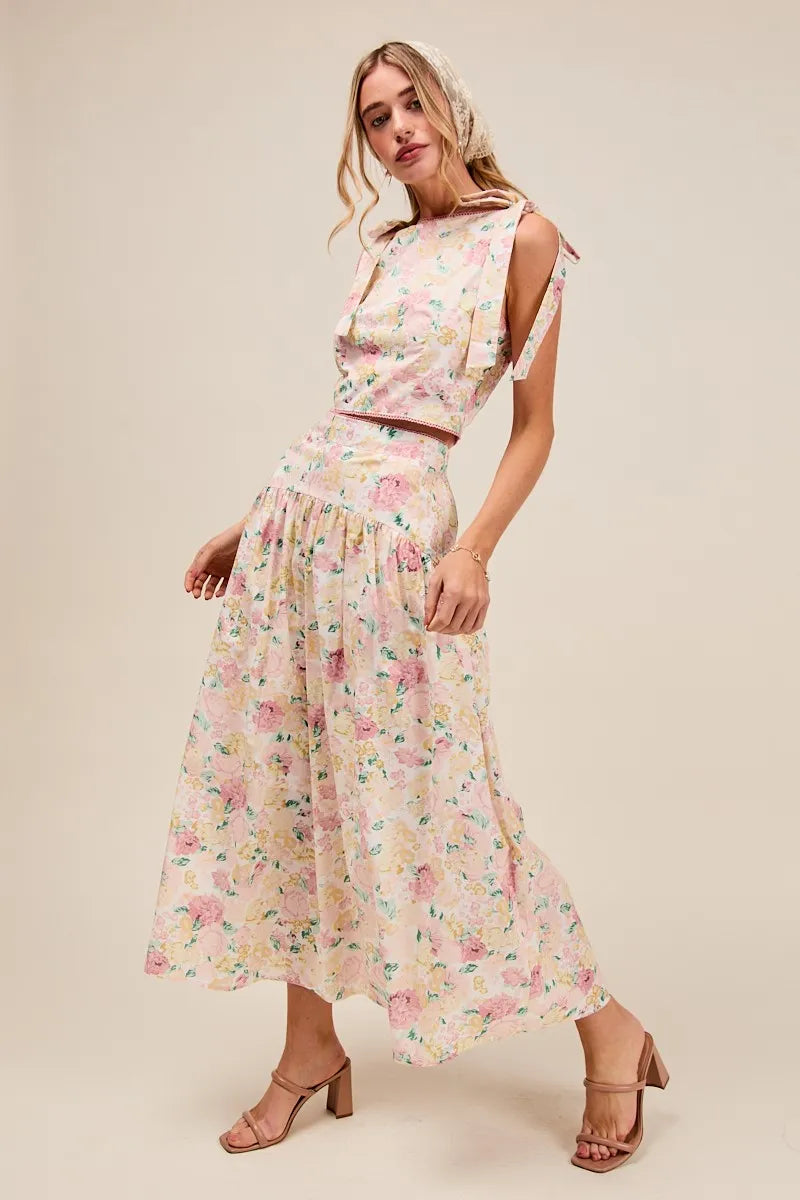 Floral Printed Shoulder Tie Top and Skirt Set