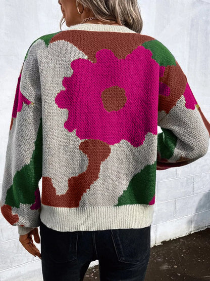 Floral Pattern Round Neck Sweater - Detail View 17
