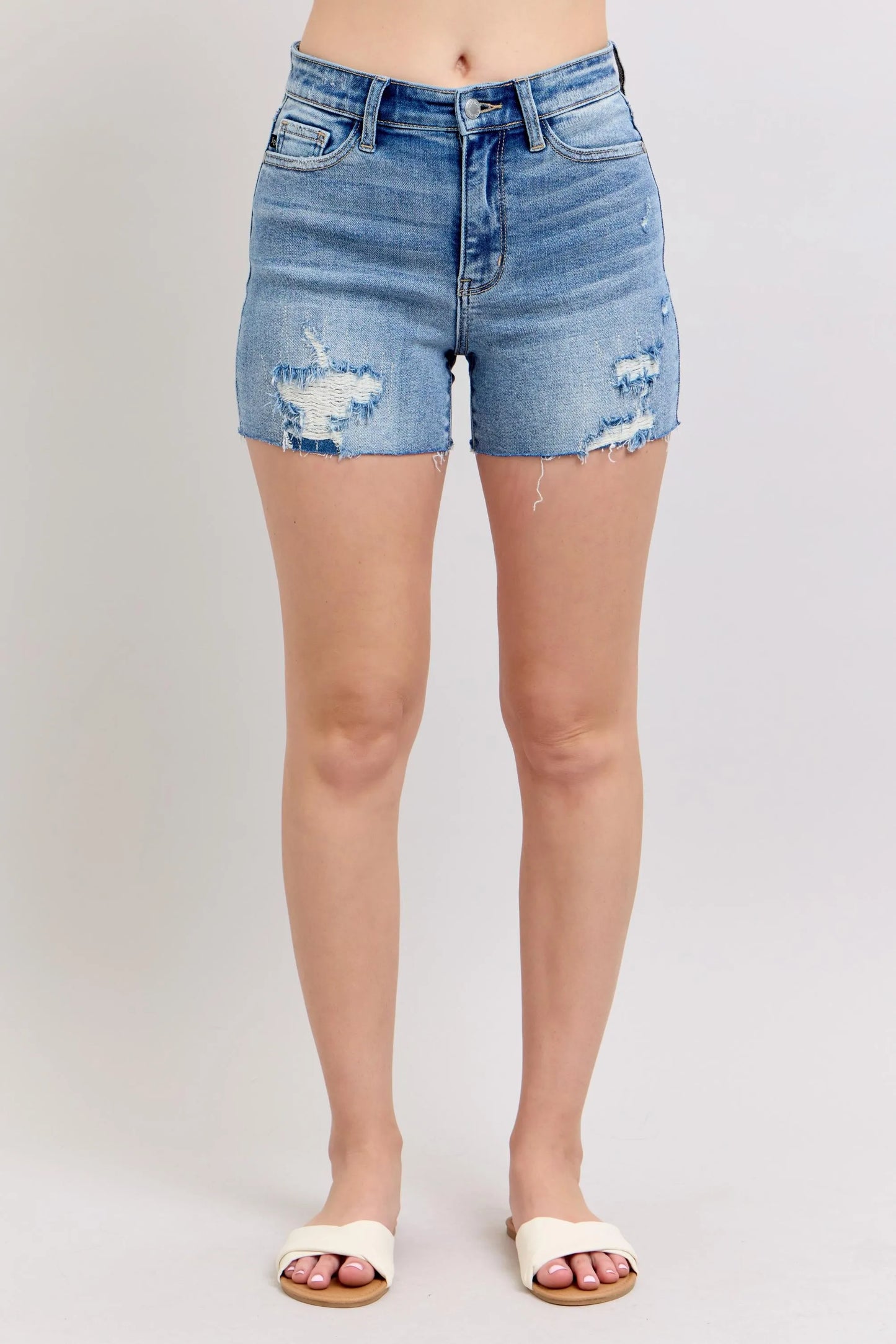 High Waist Distressed Denim Shorts with Frayed Edge