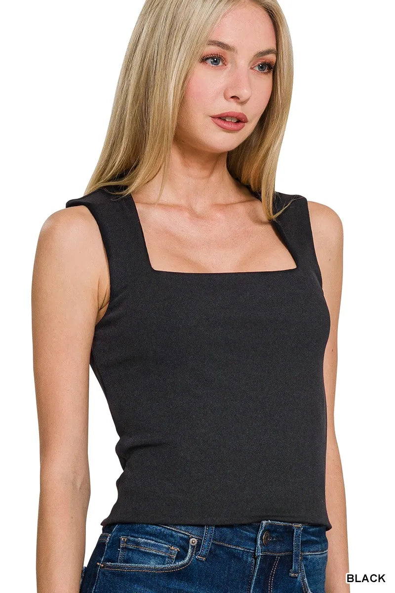 Ribbed Seamless Double Layered Square Neck Tank - Black - Front View