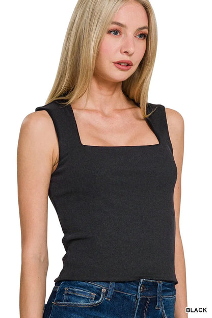 Ribbed Seamless Double Layered Square Neck Tank - Black - Front View