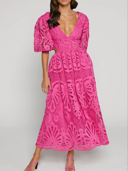 Cutout Back Lace Crochet V-Neck Dress - Detail View 15