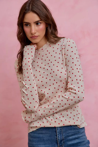 Ditsy Heart Slub Rib Knit Top - Front View