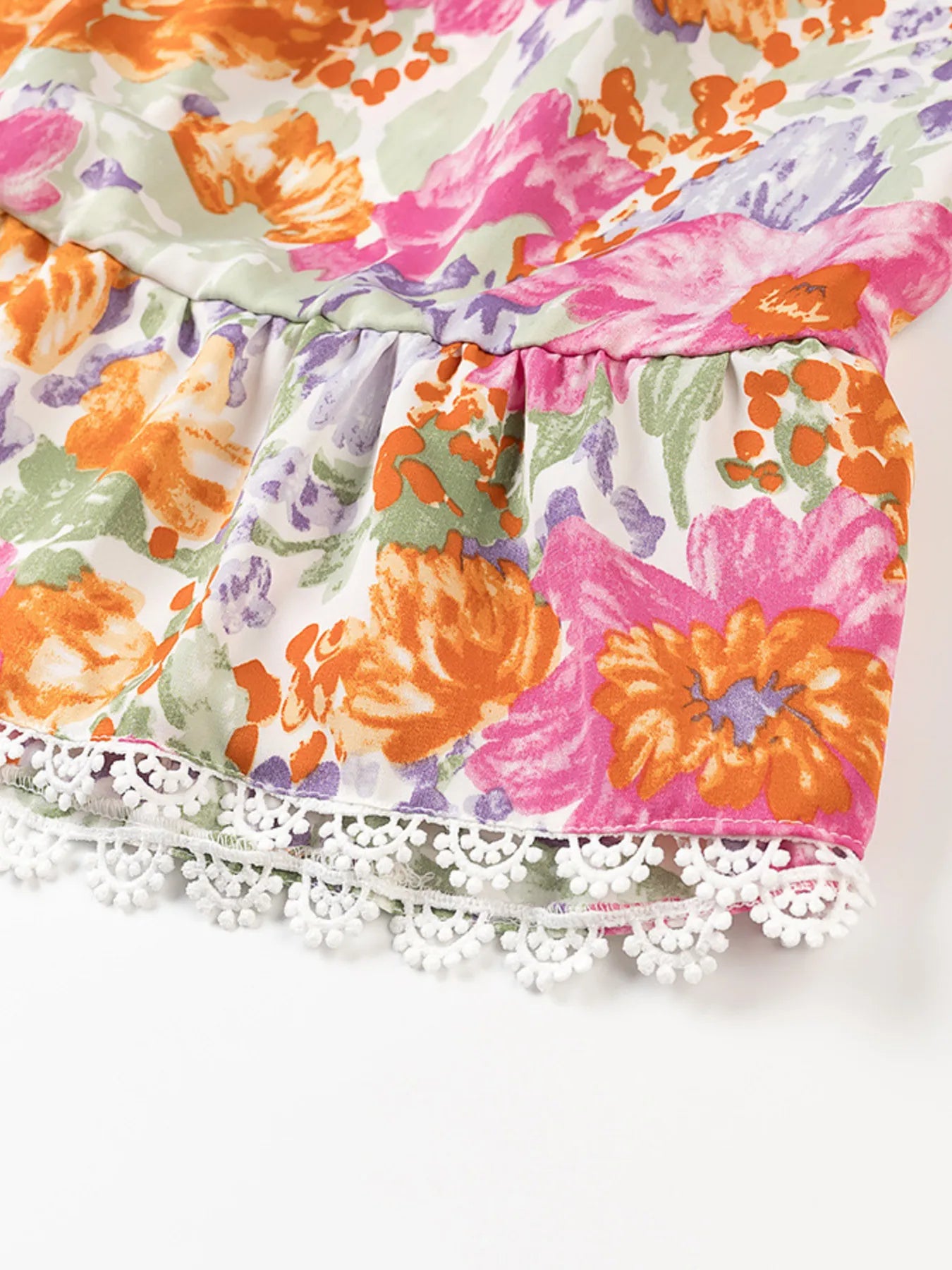 Floral Print Tie-Front Mini Dress with Lace Trim
