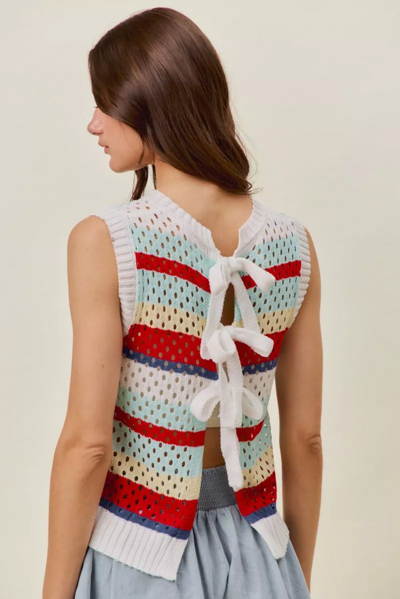 Tie Back Openwork Retro Stripe Tank Top