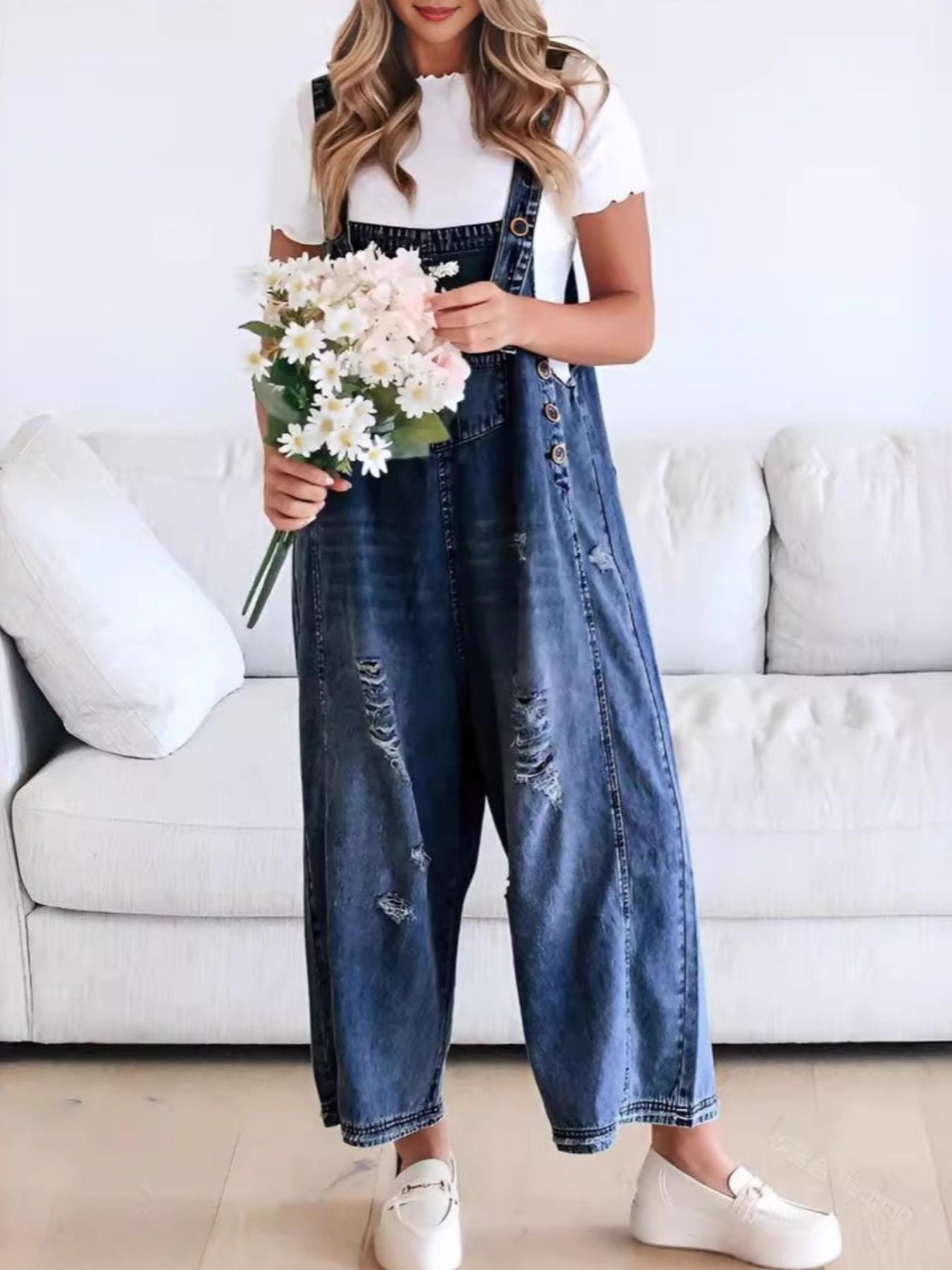 Distressed Wide Leg Denim Overalls - Detail View 9