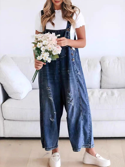 Distressed Wide Leg Denim Overalls - Detail View 9