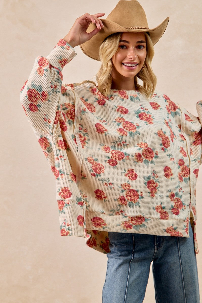 Floral Print Exposed Seam Waffle Knit Top