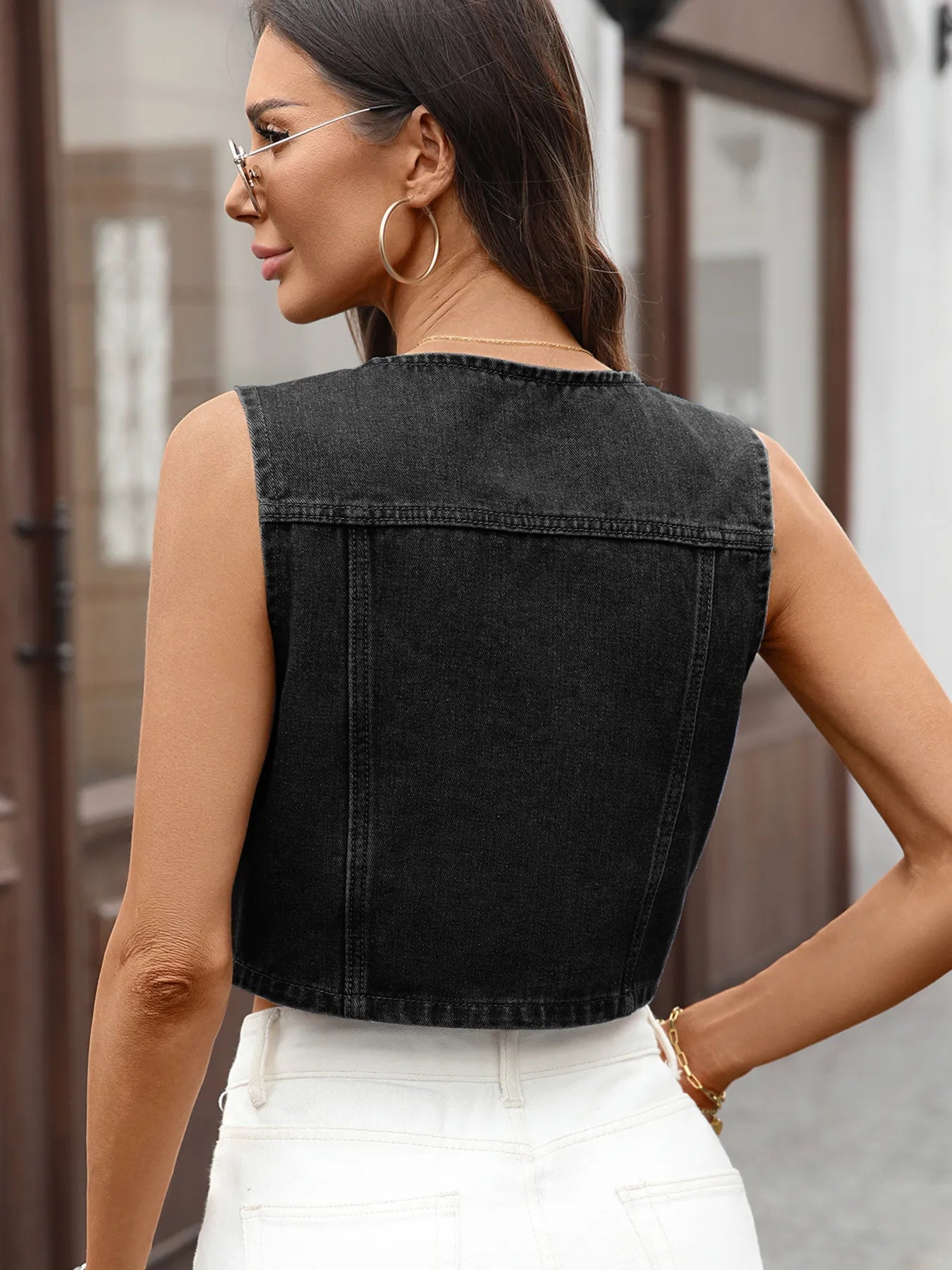 Button Up Sleeveless Denim Vest Top