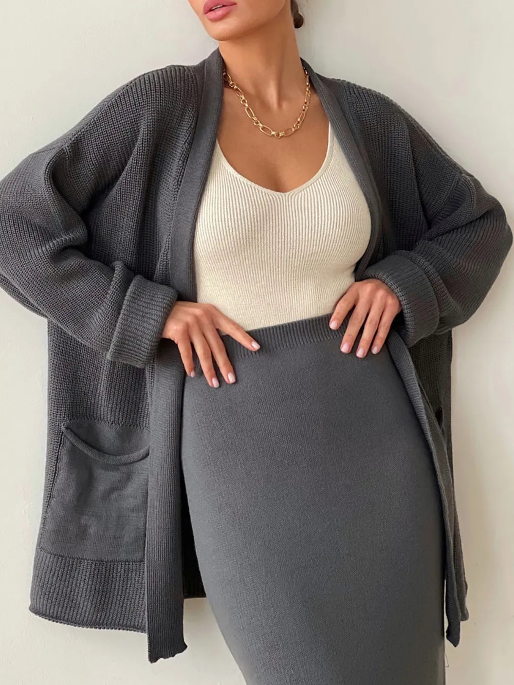 Open Front Cardigan and Midi Skirt Sweater Set