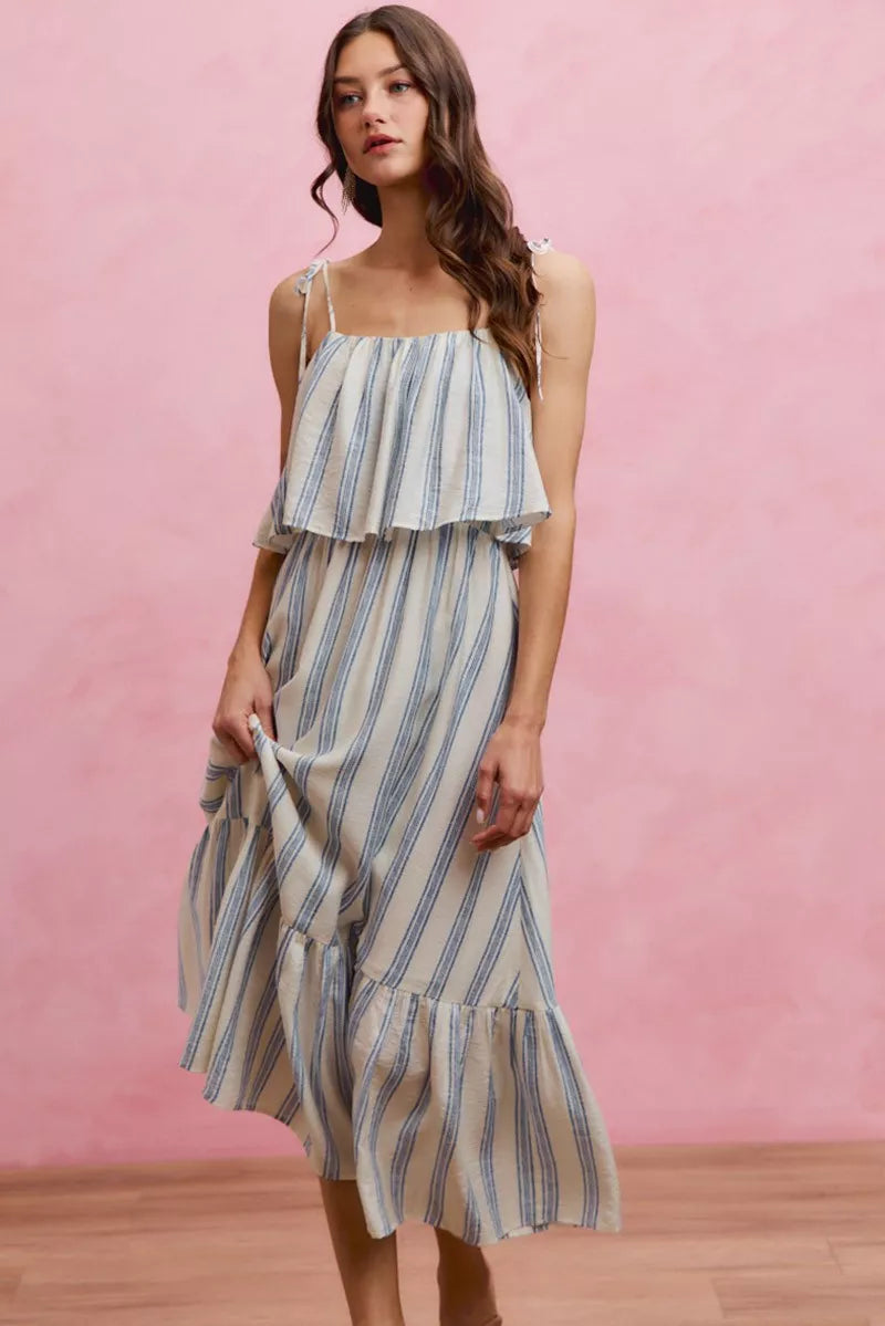 Stripe Shoulder Tie Midi Dress