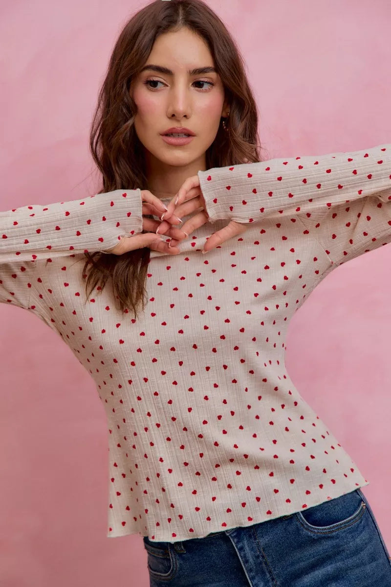 Ditsy Heart Slub Rib Knit Top
