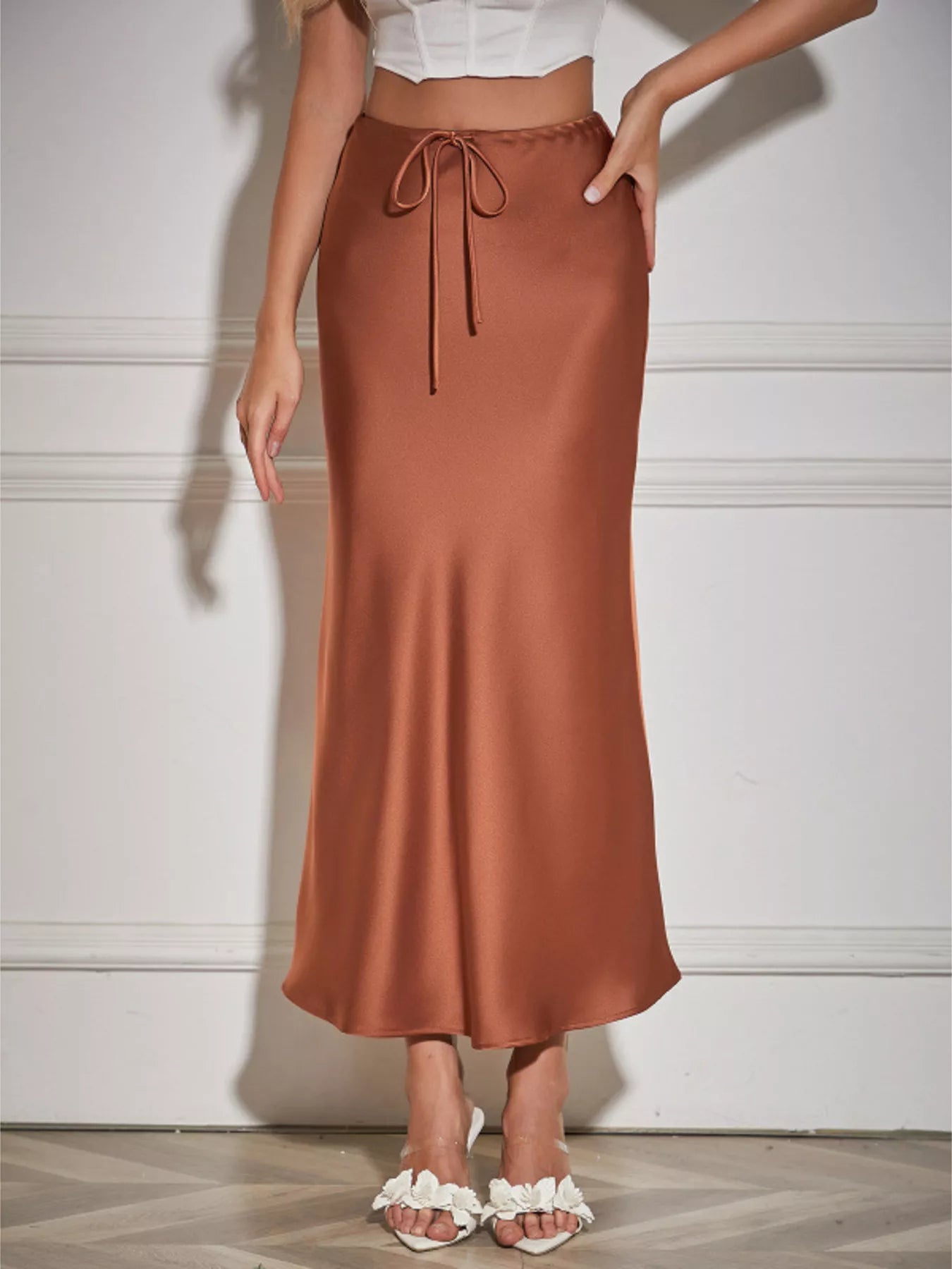 Copper Satin Midi Skirt