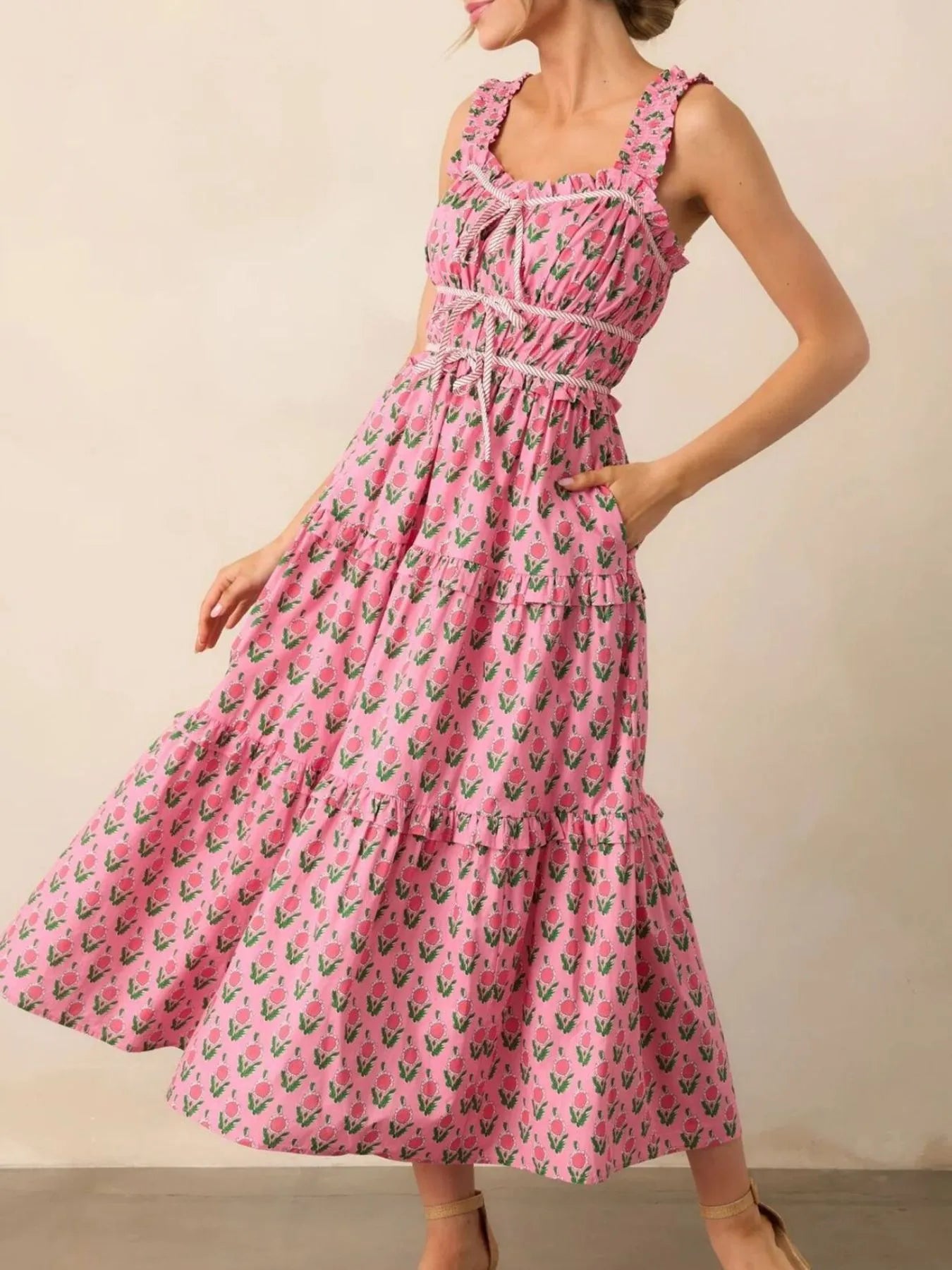 Southern Belle Pink Floral Midi Dress with Pockets
