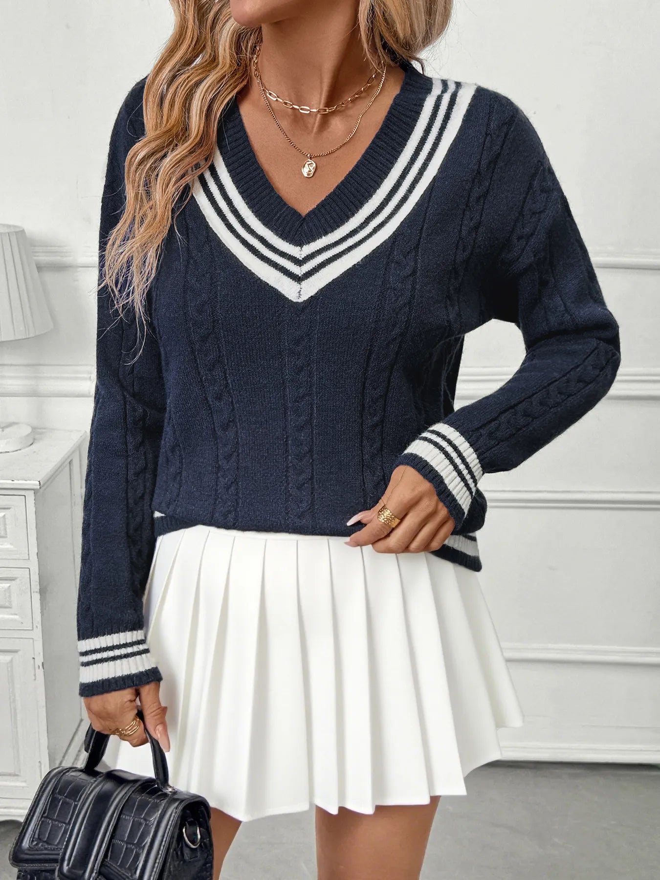 Contrast Cable Knit V-Neck Sweater