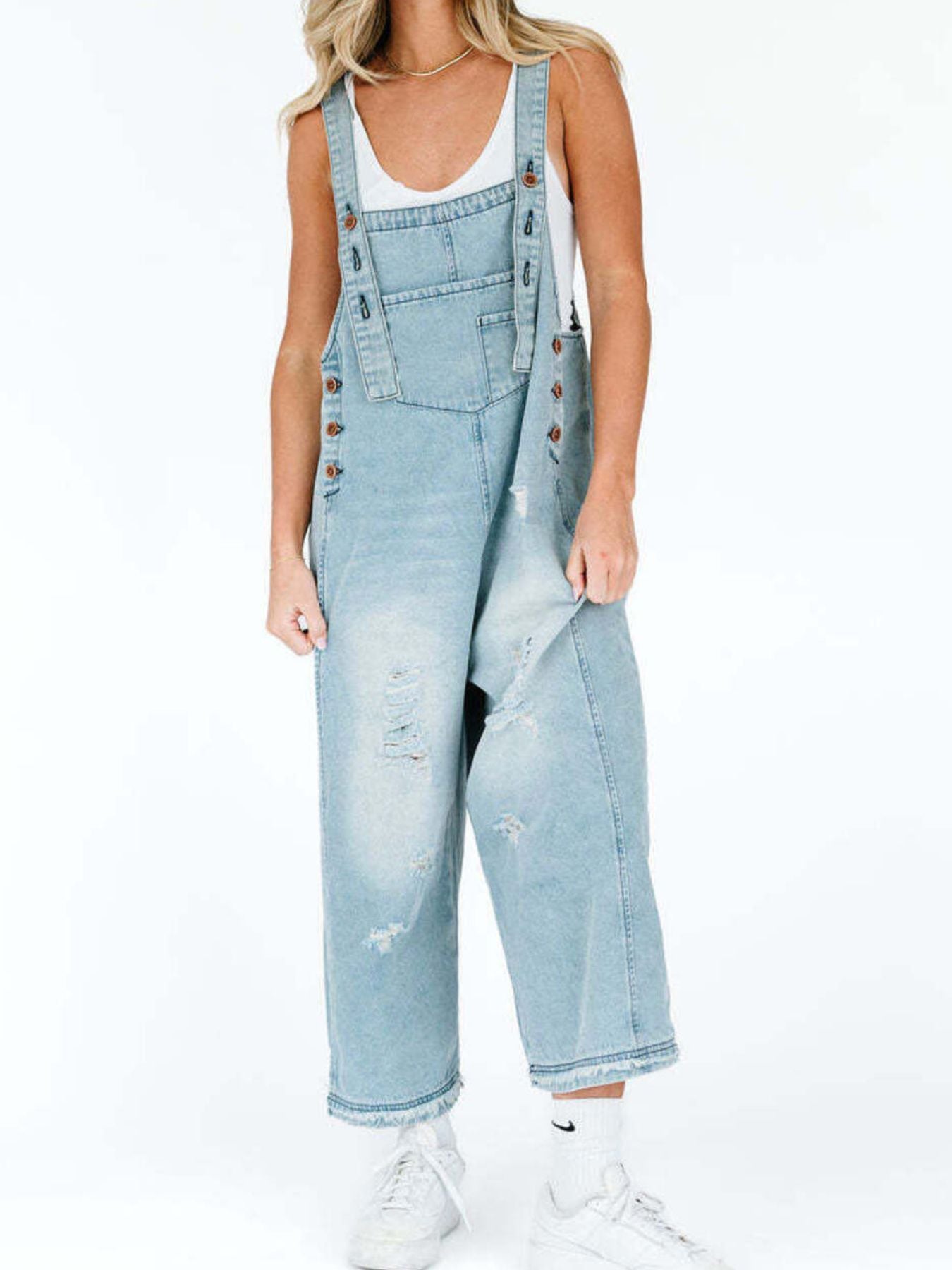 Distressed Wide Leg Denim Overalls - Detail View 16