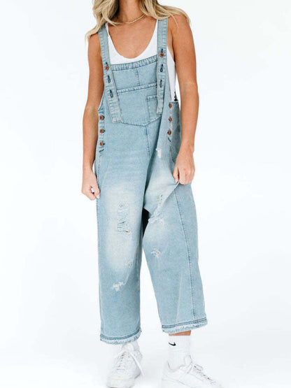 Distressed Wide Leg Denim Overalls - Detail View 16
