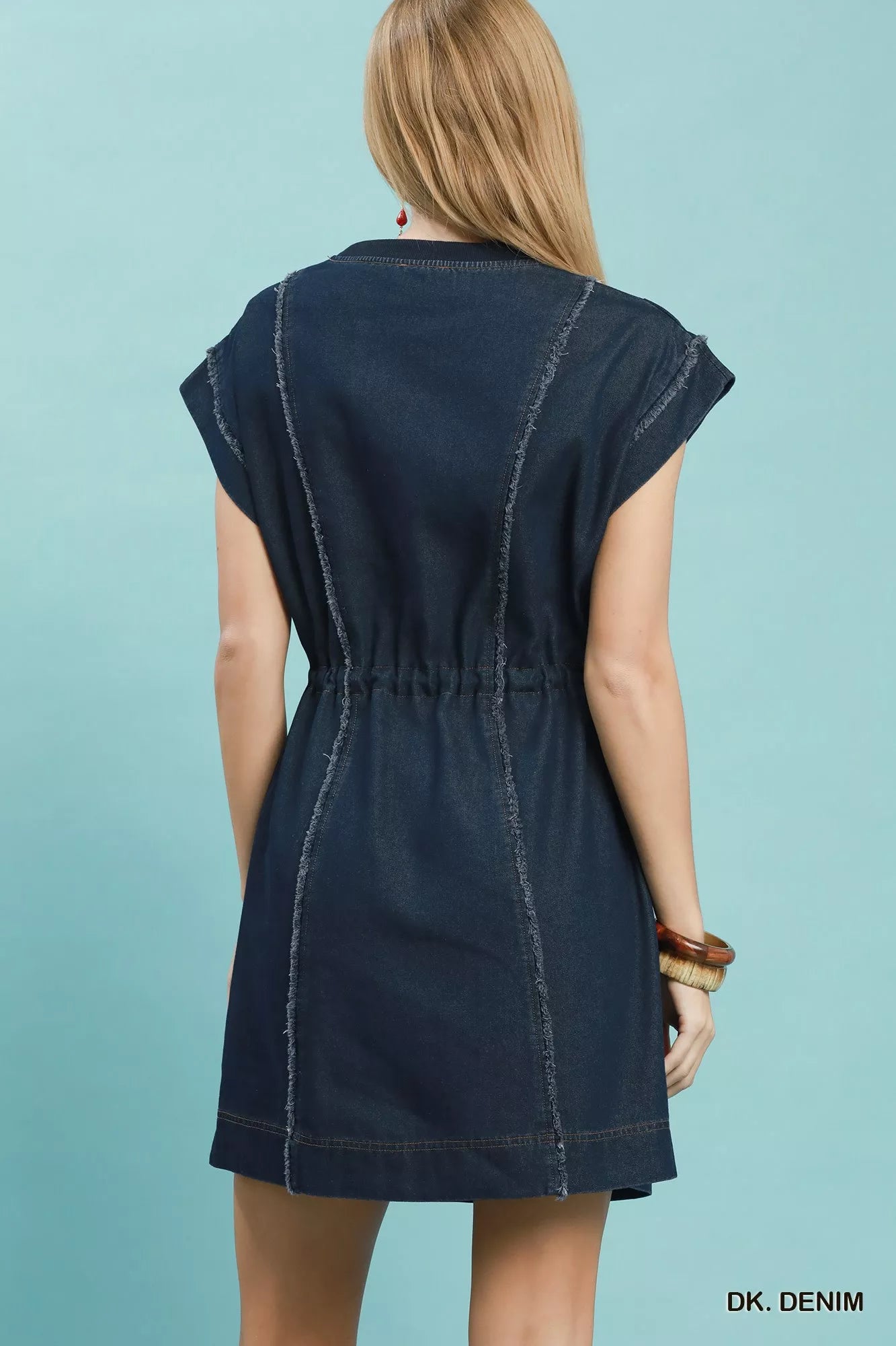 Drawstring Waist Frayed Denim Mini Dress