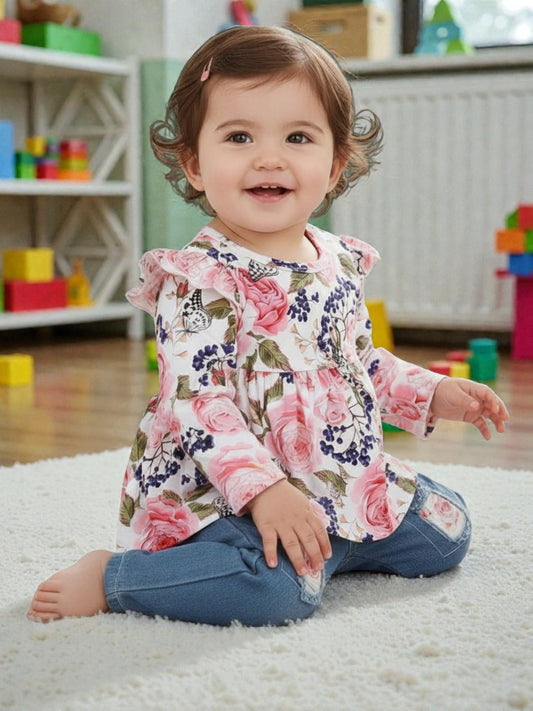 Floral Ruffle Trim Top & Distressed Jeans Set - Front View