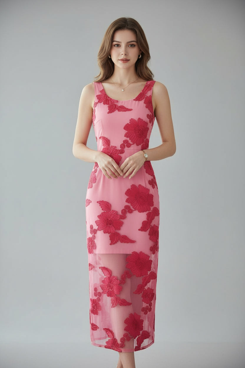 Floral Applique Mesh Midi Dress - Front View