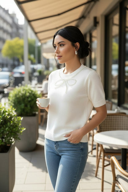 Coquette Pearl Bow Embellished Sweater - Side View
