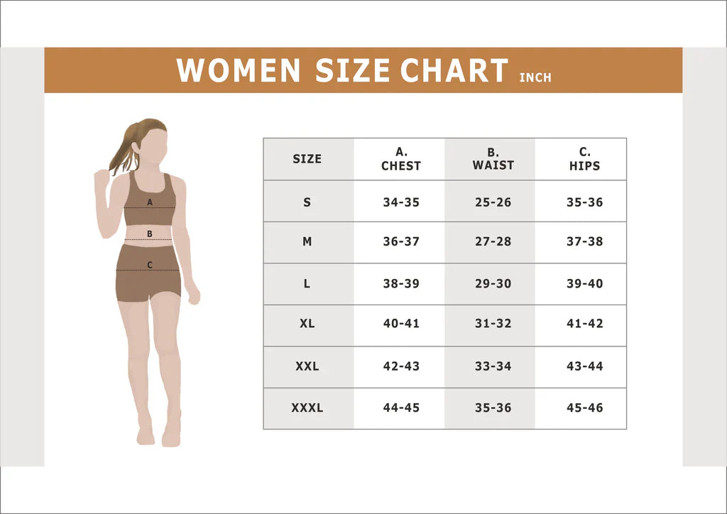 Women's size chart in inches with a standing woman figure.