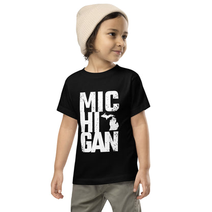 Boldly Michigan toddler short sleeve tee in black with bold white Michigan graphic, perfect unisex top for active boys and girls.