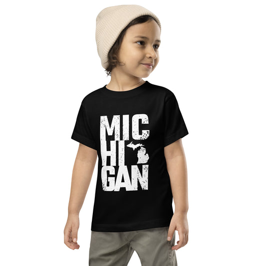 Boldly Michigan toddler short sleeve tee in black with bold white Michigan graphic, perfect unisex top for active boys and girls.