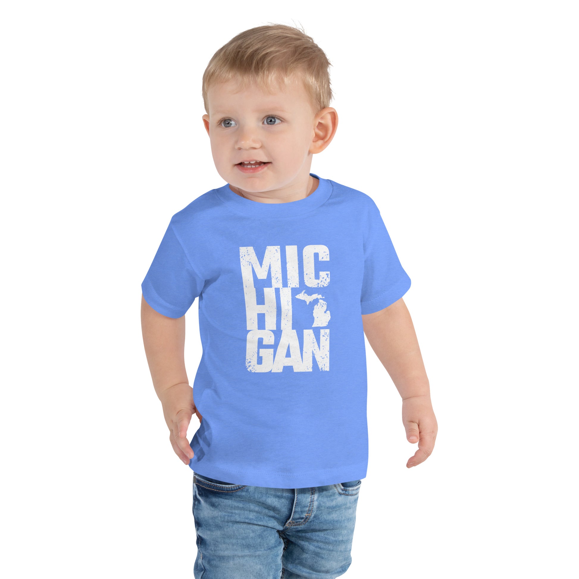 Boldly Michigan toddler tee in light blue featuring bold white Michigan print, soft and comfy for everyday toddler wear.