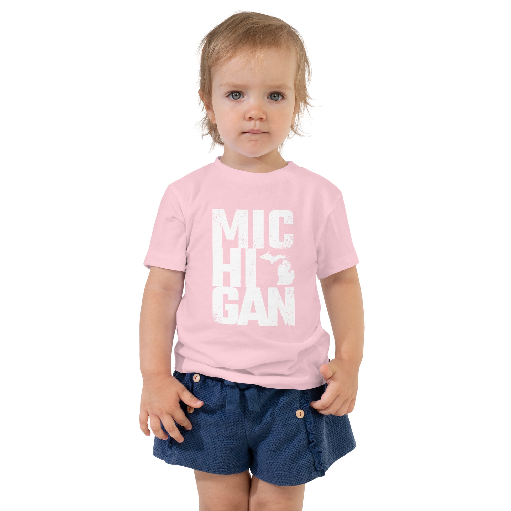 Boldly Michigan toddler short sleeve tee in pink with white Michigan design, stylish and playful top for young girls and boys.