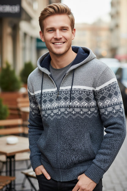 Men's Nordic Print Hooded Cardigan
