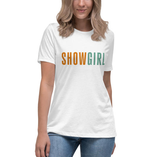 Person wearing a white t-shirt with 'SHOWGIRL' text in colorful letters on a white background